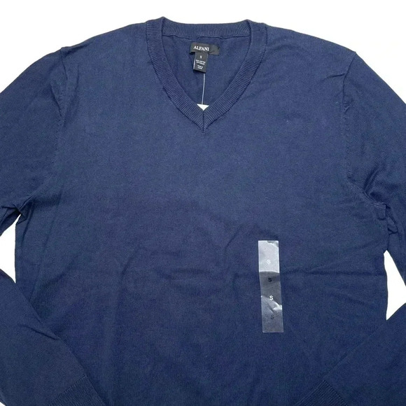 Alfani Solid Table Cotton Blend Navy V-Neck Classic Fit Mens Sweater - Picture 3 of 10